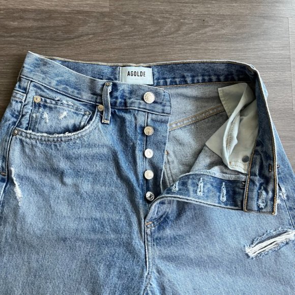 Agolde Light Blue Distressed Straight Leg Jeans - Picture 3 of 14